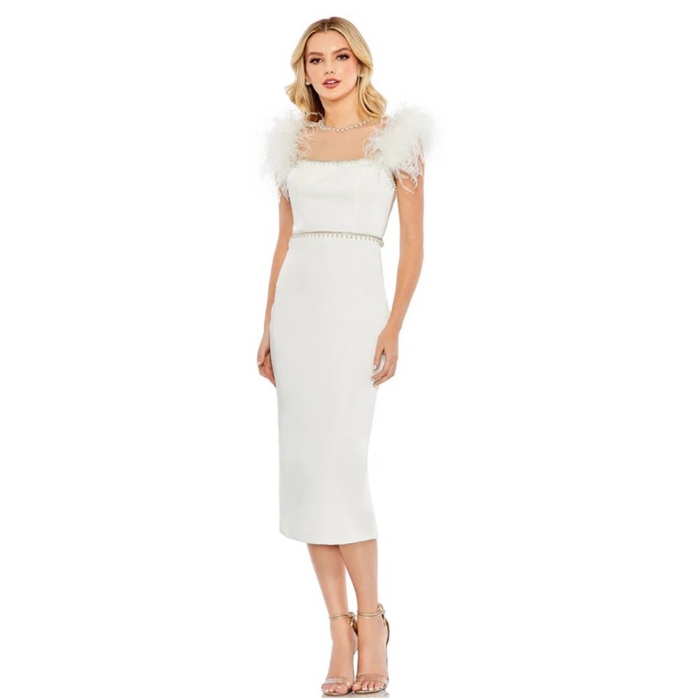 Mac Duggal Feathers Cap sleeve pearl embellishments T length fit $598